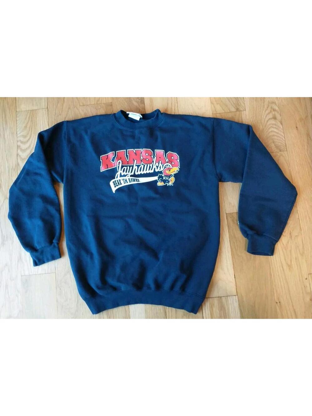 Vtg University Of Kansas Sweatshirt Blue Beak ‘Em Jayhawks Champion L Youth